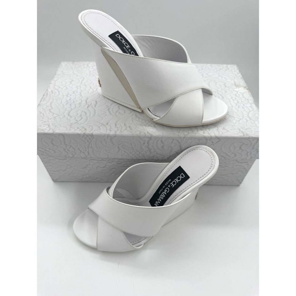 NEW Dolce & Gabbana Keira R 105 White Leather Cutout Wedge Slide Sandal IT35 US5